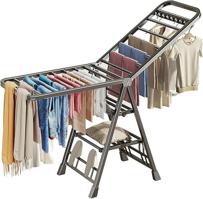 Large Clothes Drying Rack Foldable, 3-Level Metal Laundry Dryer Stand | Lightweight，Easy to Use＆Fold，Sturdy, Height-Adjustable, Movable, Complete with Heavy Items，Space Saving Clothes Dryer