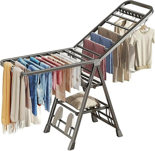 Large Clothes Drying Rack Foldable, 3-Level Metal Laundry Dryer Stand | Lightweight，Easy to Use＆Fold，Sturdy, Height-Adjustable, Movable, Complete with Heavy Items，Space Saving Clothes Dryer