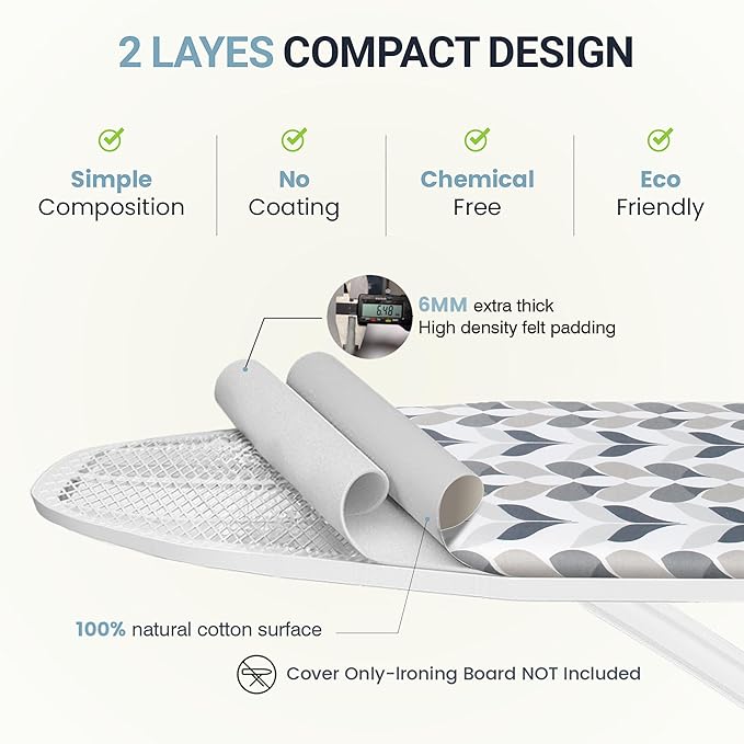 UniSimp Ironing Board Cover and Pad 18"x49" Extra Thick Natural Cotton, Scorch and Stain Resistant Iron Board Cover, Wide Ironing Board Cover with Fasteners Heavy Duty Heatproof Elastic Edge Foliage