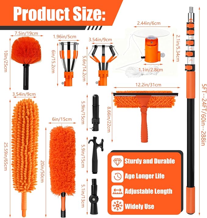 30FT High Ceilings Cobweb Dusters for Cleaning Kit with Extension Pole | Telescoping Lightbulb Changer,Spider Web Brush Extendable Duster,Ceiling Fan Cleaner and Window Squeegee Cleaning
