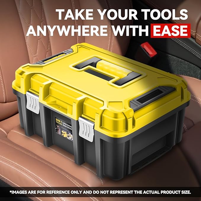 Auto Dynasty 17-Inch Tool Box, 2Pcs Toolboxes Organizer Storage with Removable Tray and Portable Handle for Garage Workshop Home Office Car Trunk, Yellow