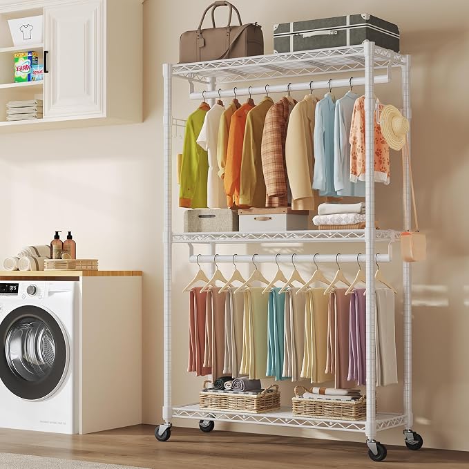 NEWBULIG Heavy Duty Clothing Rack with Wheels, 3-Tier Adjustable Wire Garment Rack, Metal Freestanding Closet Organizer System with Double Hanging Rods & 8 Side Hooks, 47"x17"x80", White