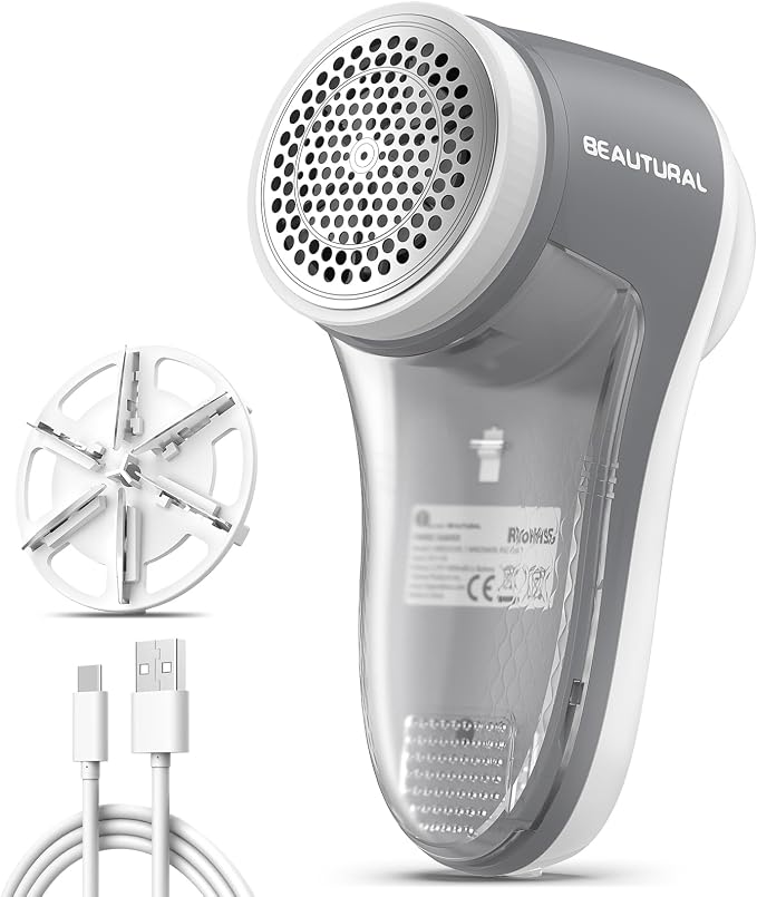 BEAUTURAL Fabric Shaver and Lint Remover, Rechargeable Sweater Defuzzer | 6-Leaf Blades, Electric Clothes Shavers to Trim Fuzz and Pills, Remove Pilling for Clothing, Furniture, Couch, Blanket
