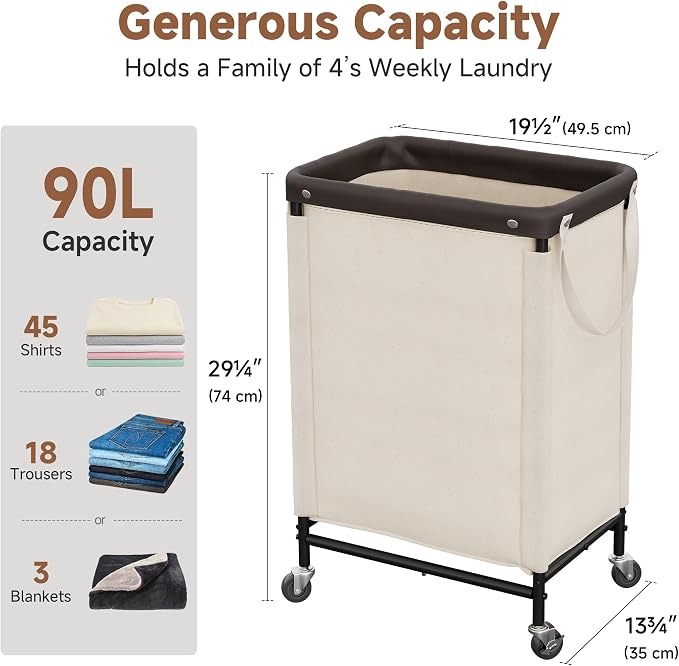 StorageWorks Laundry Hamper with Wheels and Removable Liner Bag, Beige, 90L