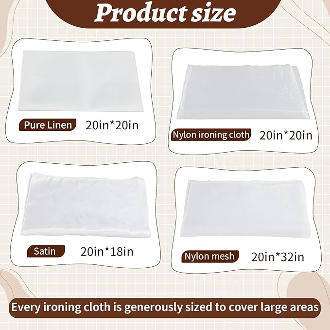HunnmingRe 4 Types Pressing Cloth for Ironing, Include Linen, Nylon, Satin, Nylon Mesh Cloth Fabrics, 4 Types of Different Fabric Pressing Cloths for Clothes Protect (Medium)