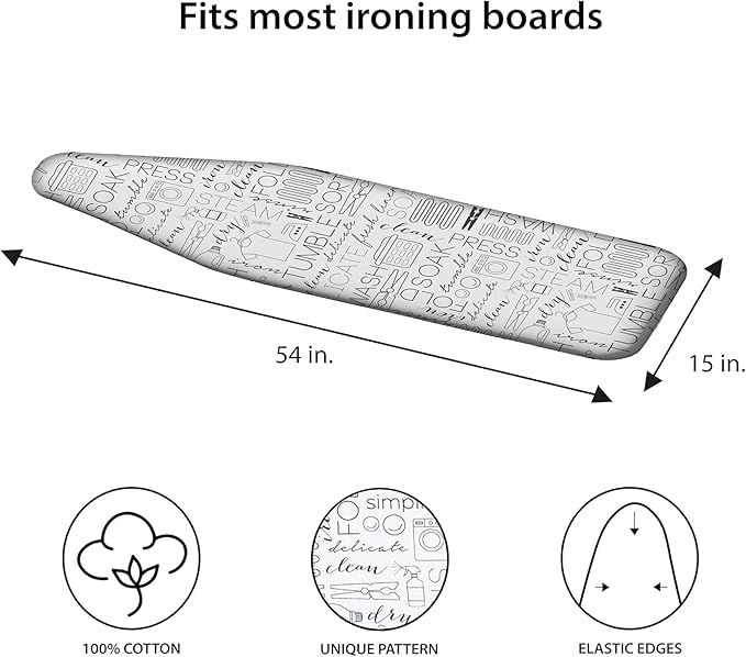 Simplify Ironing Board Cover | Scorch Resistant | Cotton | Thick Padding | Stretch Elastic Fit | Hook and Loop Fasteners | Cover ONLY | White