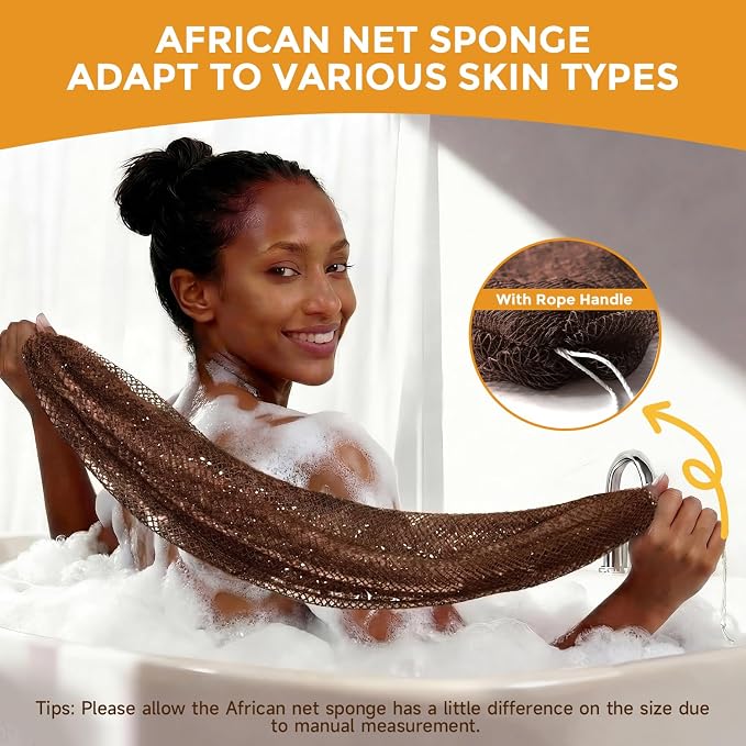 2 Pieces African Net Sponge Authentic, Durable Back Scrubber Washcloth for Shower, Exfoliating Net Sponge for All Skin, Bathing Accessories for Women (2 Pack (Black and Brown))