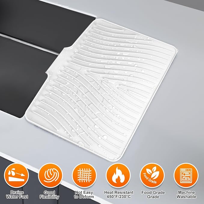 Silicone Dish Drying Mat for Kitchen counter, 15.8"x13" Extra Large Non-Slip Drain Pad with Built-in Drainage, Heat Resistant Dishwasher Safe, Ivory