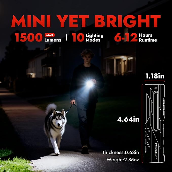 WARSUN T9PRO Pocket Flashlight Rechargeable, 1500 Lumen EDC Flashlight with Magnet Base and Clip, Compact Work Light for Dog Walking, Camping, Car Repair, Home Repair, Power Outages and Everyday Carry
