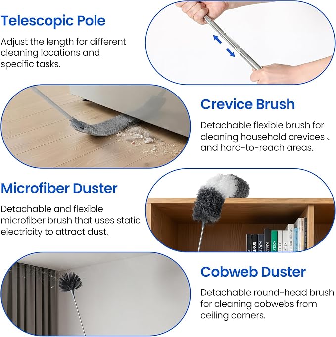 Extra-Long Dusters Kits with Extension Pole, 5 in 1 Cleaning Tools with Extendable Long Handle, Cobweb Duster, Microfiber Dusting Clothes for Gap, High Ceilings and Fans, Blinds, Cars and Furniture