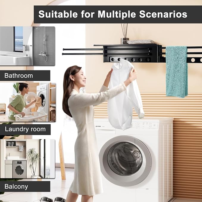 Aluminum Wall Mounted Foldable Swinging Clothes Drying Rack 50lbs Load | Space-saving folding towel rack with free swing design, sturdy aluminum structure holds up to 50 lbs for daily laundry