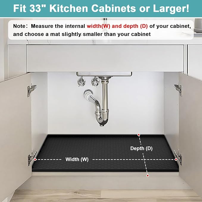 Undersink Waterproof Mat 31" x 19", Silicone Under Kitchen Sink Mat with Raised Edges, Under The Sink Organizer for Kitchen and Bathroom Leak Protection Black