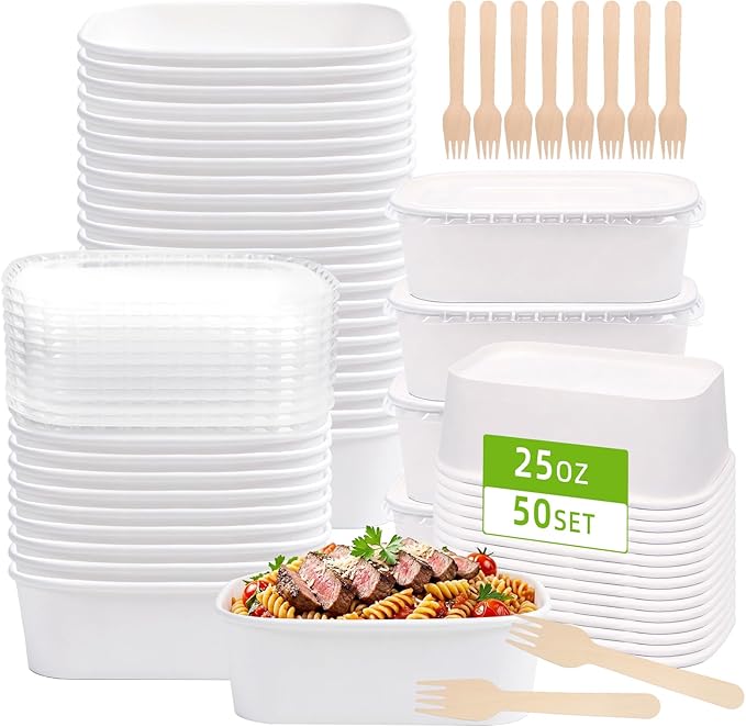 50 Pack 25 oz Paper Food Containers with Lids, Meal Prep Containers Disposable Large Paper Bowls, Microwavable and Freezer Storage Use Cardboard Food Containers (White)