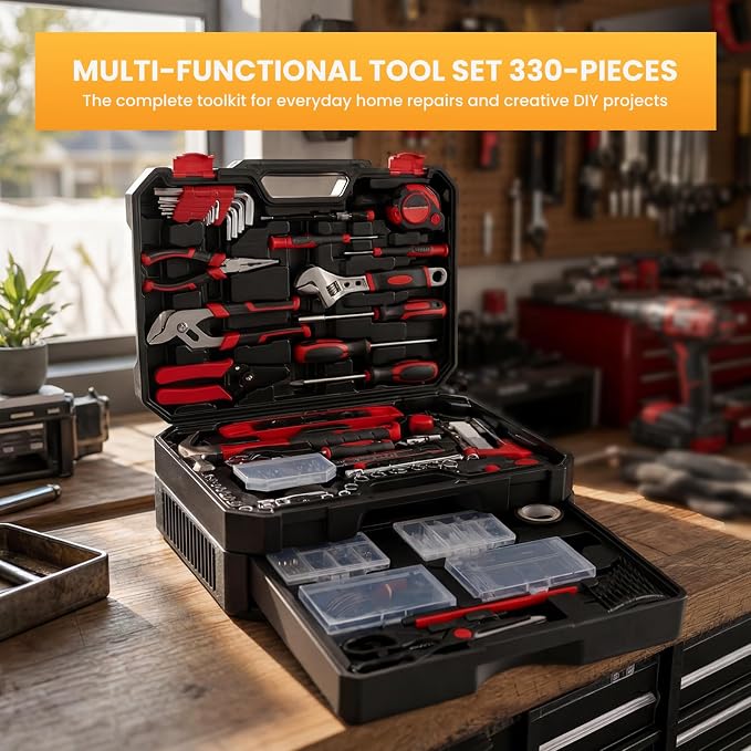 NEWBULIG 330-Piece Complete Tool Box Set, Durable Homeowners Tool Kit with Pull-Out Drawer, Versatile Home Repair Kit for Auto & Household, DIY Projects, Black-Red