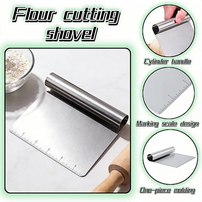 Stainless Steel Dough Scraper with Measuring Scale - Multi-Purpose Kitchen Tool for Baking, Pizza, Grilling, Pastry Cutter & Vegetable Chopper | Ergonomic Handle & Rust-Proof Design