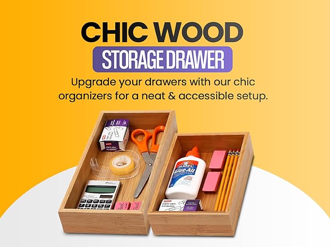 YBM Home Bamboo Drawer Organizer Storage Box for Kitchen Drawer, Junk Drawer, Office, Bedroom, Children Room, Craft, Sewing, and Bathroom, 2 Pack 6x15x2 inch