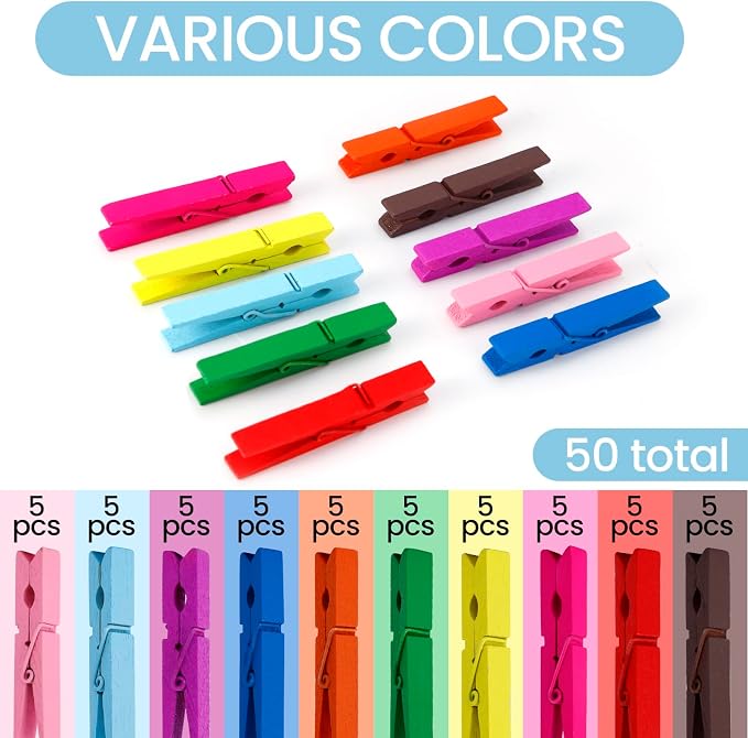 50PCS Colored Wooden Clothespins 2.9 Inch Color Clothes Pins for Pictures | Colorful Close Pins Wood for Photos Classroom School Decoration Craft Cheer, 10 Color Each 5 Pcs