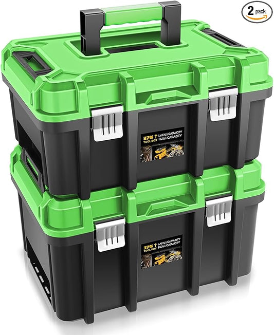 Auto Dynasty 17-Inch Tool Box, 2Pcs Toolboxes Organizer Storage with Removable Tray and Portable Handle for Garage Workshop Home Office Car Trunk, Green