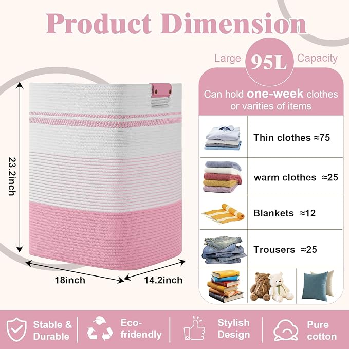 Laundry Hamper, 95L Tall Laundry Basket with Leather Handles, Rectangle Large Clothes Hamper for Organizing, Cotton Woven Laundry Baskets Storage Hampers for Bedroom, Nursery, Living Room