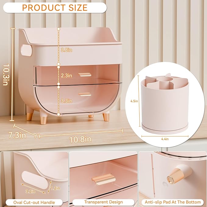 Yieach Countertop Makeup Organizers with Drawers,Handle and Make up Brush Holder,Large Makeup Skincare Organizer for Bathroom Vanity,Cosmetic Display Cases for Hair Tool,Lotion,Skin Care Storage,Pink