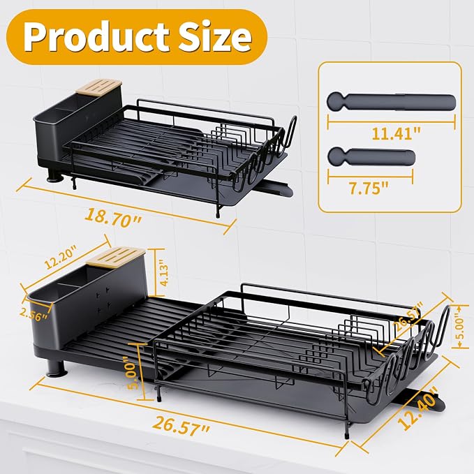 Large Dish Drying Rack - Expandable Dish Drying Rack with Utensil Holder & Cup Holder,Auto-Drain Multifunctional Dish Racks for Kitchen Counter with Drainage,Black