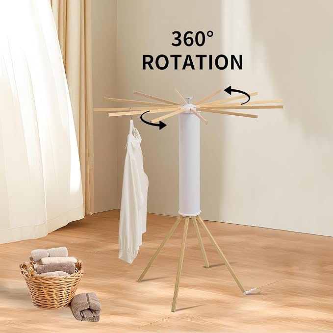 RFOUO Foldable Clothes Drying Rack with Wooden 12 Rods | Portable，Space-Saving Freestanding Drying Rack for Indoor Outdoor, Apartment, Bedroom, Laundry Room