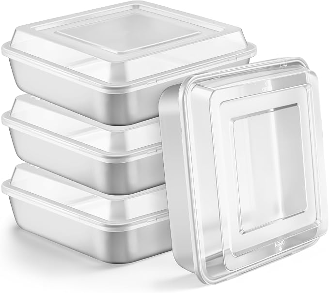 LIANYU 8 Inch Square Cake Pan with Lid, 4 Pack Lasagna Brownie Bread Baking Pan, 8 x 8 Stainless Steel Baking Dish with Cover Set, Commercial Metal Bakeware Set, Dishwasher Safe (4 Pan +4 Lid)