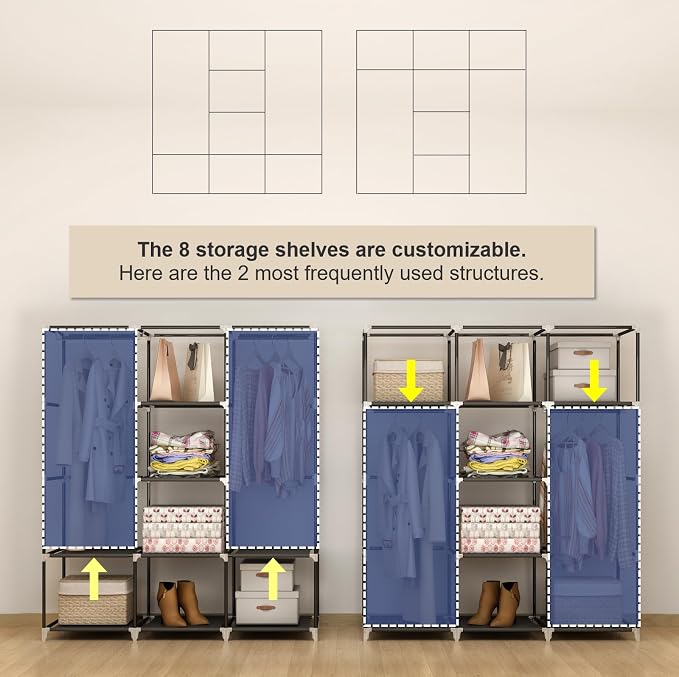 51" Portable Wardrobe Closet, Clothes Organizer, 8 Shelves 2 Rods, Black