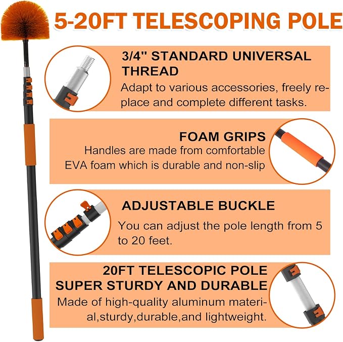 Buyplus 26FT Reach Cobweb Duster, Outdoor Spider Web Cleaner Brush with Professional 5-20FT Extension Pole, Non-Shedding Fluffy Bristles, Suitable for Ceiling and Corner Dusters for Indoor and Outdoor