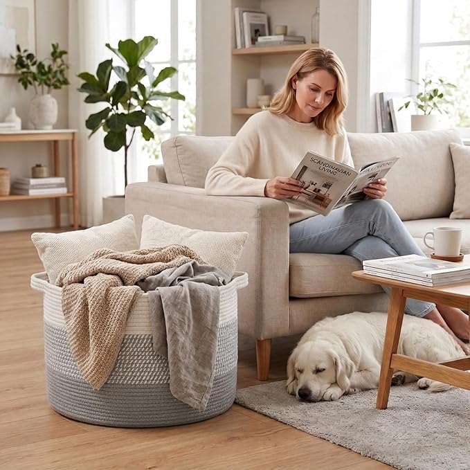 65L Large Blanket Basket,Woven Rope Laundry Basket-Grey | Collapsible, reinforced handles, nursery storage bin organizes clothes, toys and pillows for living room, bedroom bathroom