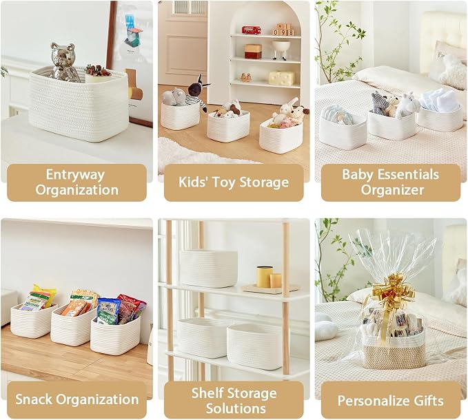 R RUNKA Small Cotton Rope Basket – Storage Bin for Organizing (10.6" x 6.7" x 6.7"), Bathroom Storage Basket for Shelf, Counter & Closet（White）