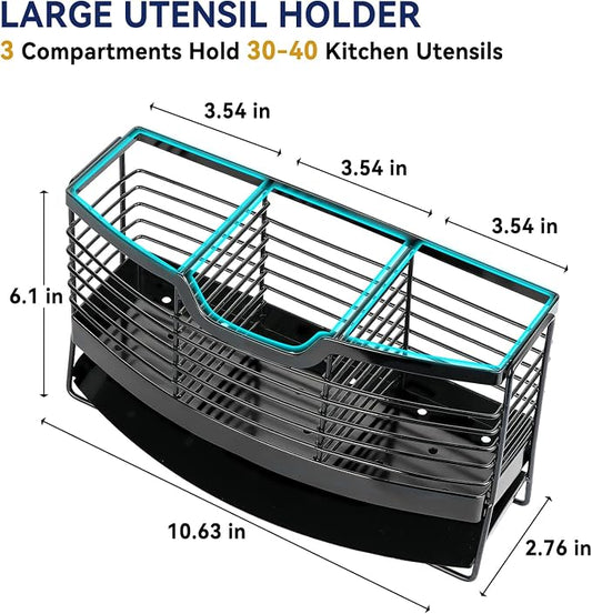Utensil Holder, Stainless Steel Utensil Drying Rack with Automatic Drain Tray for Kitchen Counter, 3 Compartments Silverware Spoon Holder Cutlery Drainer Sink Caddy, Black