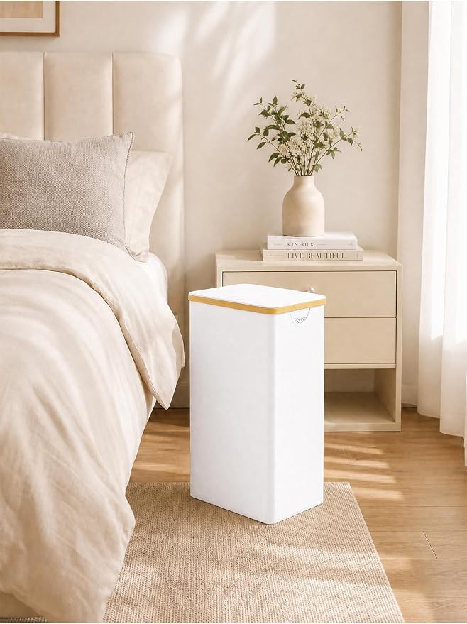 IEGrow Laundry Hamper with Lid,110L Laundry Basket with Mesh Bag,White | Dirty Clothes Hamper Basket with Bamboo Handle for Clothes Towels Organization
