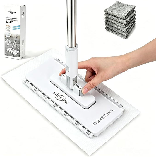 Pawnexa Mop,Clamp Mop,Hands Free Multi Purpose Flat Mops with Squeegee,Multi Function Cleaning Mops for Whole House,Shark Tooth Grip for Any Cloth,Dry and Wet Use(48”Handle,6 Cloths)