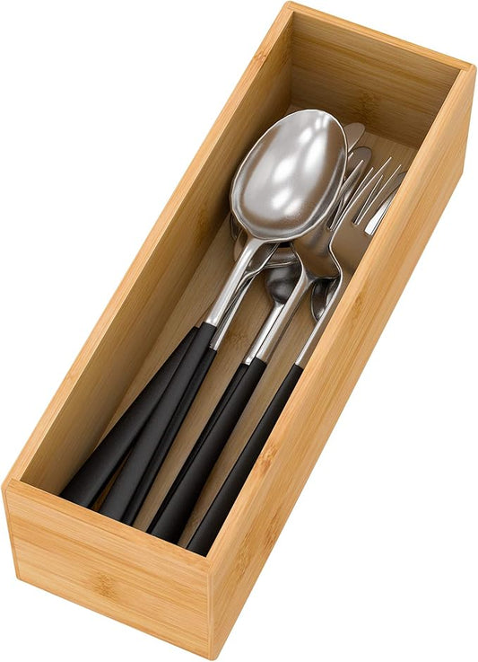 Bamboo Kitchen Drawer Organizer 9"x 3", Storage Box for Utensil Organizer | Wooden Silverware Tray Cutlery Holder Flatware Containers, Multi-Use Deep Drawer Dividers Organizer for Bathroom, Jewelry