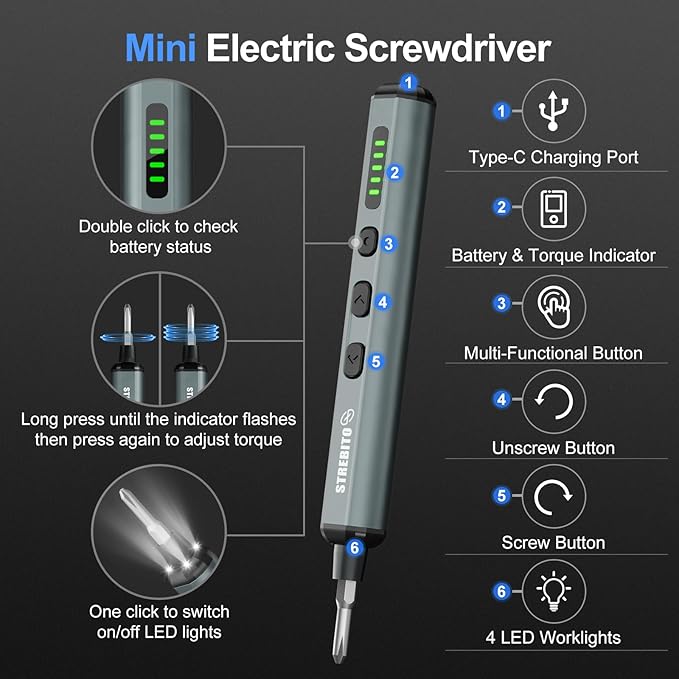 STREBITO Electric Screwdriver, 67 in 1 Mini Electric Screwdriver | 50 S2 Magnetic Bits, 5 Torque Settings, 4 LED Lights, Precision Screwdriver Set for Laptop, Computer & Electronics Repair