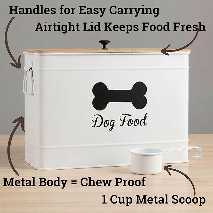 Dog Food Container Airtight Bamboo Lid 15-20 lb Sturdy Metal Handle 70 Cups | Pet Jar For Dogs up to 100lbs, Airtight Bamboo Lid, Sturdy Comfortable Metal Handle, Powder Coated Iron, Kibble Storage Bin