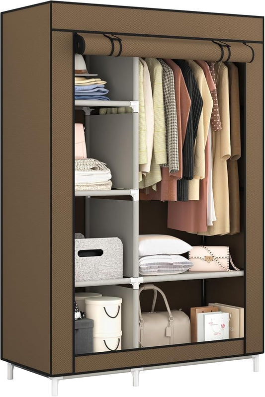 Calmootey Portable Closet Organizers, Clothing Storage, Wardrobe with 6 Shelves and Hanging Rod, Non-Woven Fabric Cover with 4 Side Pockets, Brown