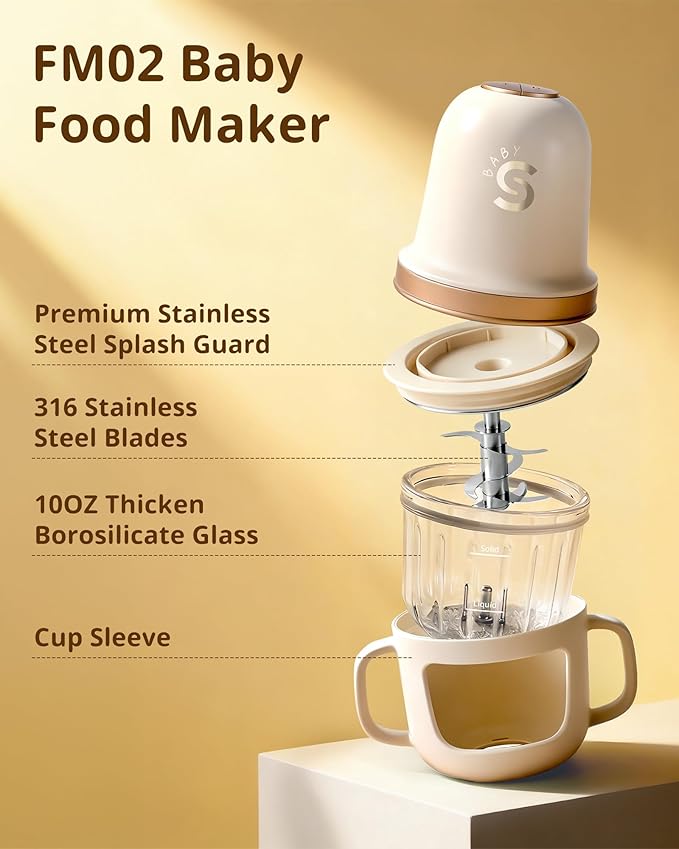 SosekiBaby Solo Baby Food Maker,Mini Food Processor Set,316 Stainless Steel Blades,10oz Glass Baby Puree Blender for Fruit, Vegatable & Meat,2-Speed Control,BPA-Free,Ivory