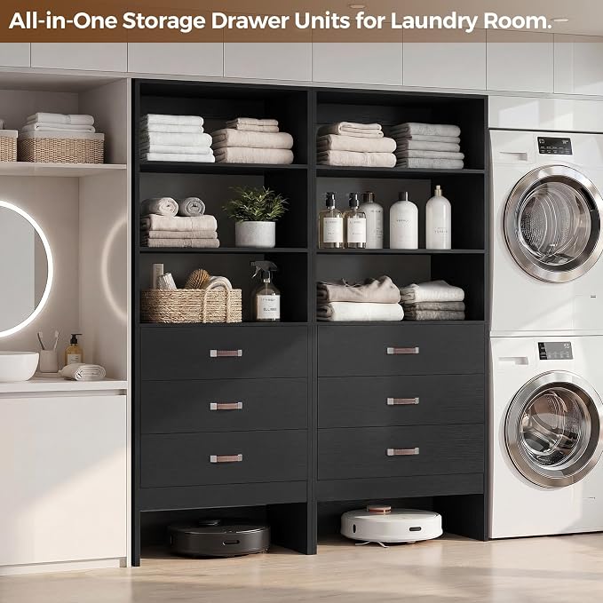 Armocity 4FT Closet System with Leather Handles, 48" Walk-in Closets Storage Unit with Cabinet, Wood Wardrobe Closet Organizer and Storage with 6 Drawers, Set of 2, Black