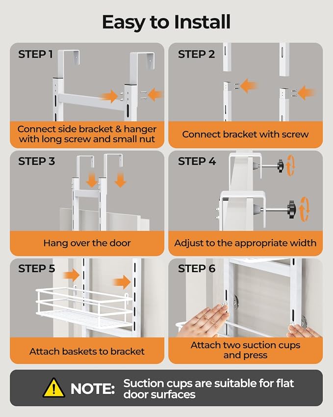 6-Tier Narrow Pantry Door Organizer,Over the Door Pantry Organizer,White | Height Adjustable Heavy Duty Hanging Metal Basket,Back of Door Organizers and Storage for Home,Kitchen,Laundry,Bathroom