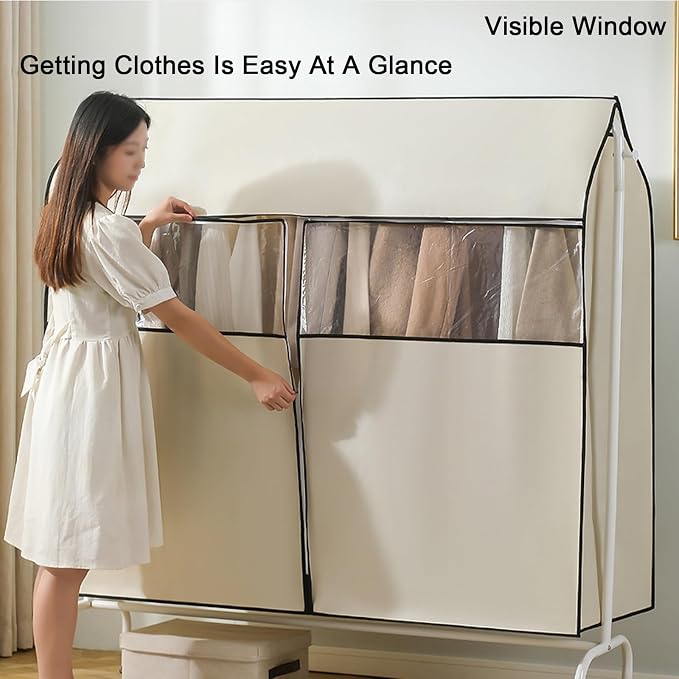 Clothing Rack Cover, Hanger Covers, Non-Woven with 3 Way Zipper, Large Transparent Window, Top Seal for Single Pole Clothes Drying Rack(Beige,80x50x120cm/31x20x47in)