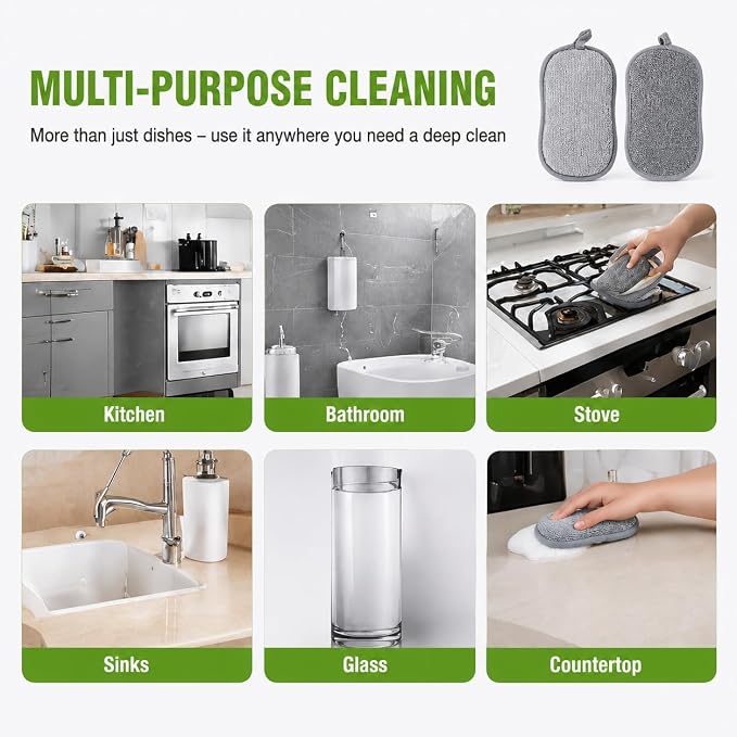 6-Pack PuoWeo Sponges Kitchen Dual-Sided Scrub Sponges—Rough Side for Non-Stick Cookware, Soft Microfiber Side for Dishes Multi-Purpose Cleaning Dish Sponge, Long Lasting & Reusable, Grey