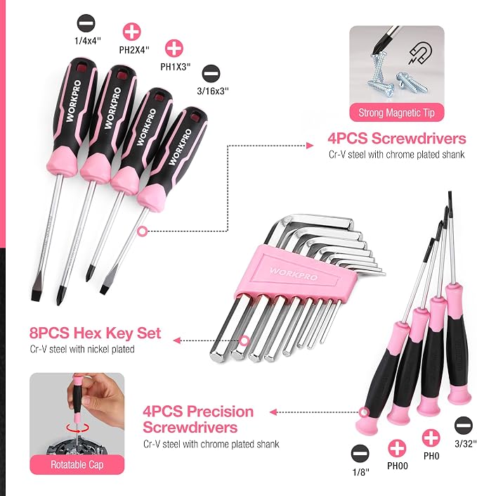 WORKPRO 277PCS Pink Tool Set, Portable Home Repairing Tool Kit for Women | with 13" Wide Mouth Open Storage Tool Bag, Home Tool Box Including Hammer, Screwdrivers, Pliers, Wrench and Household Tools