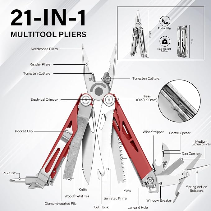 21-in-1 Multitool Pliers & Scissors w/Tungsten Cutters, Self-Locking | Durable EDC Set for Camping, DIY & Outdoor Survival, Pocket-sized Repair Kit, Brick Red