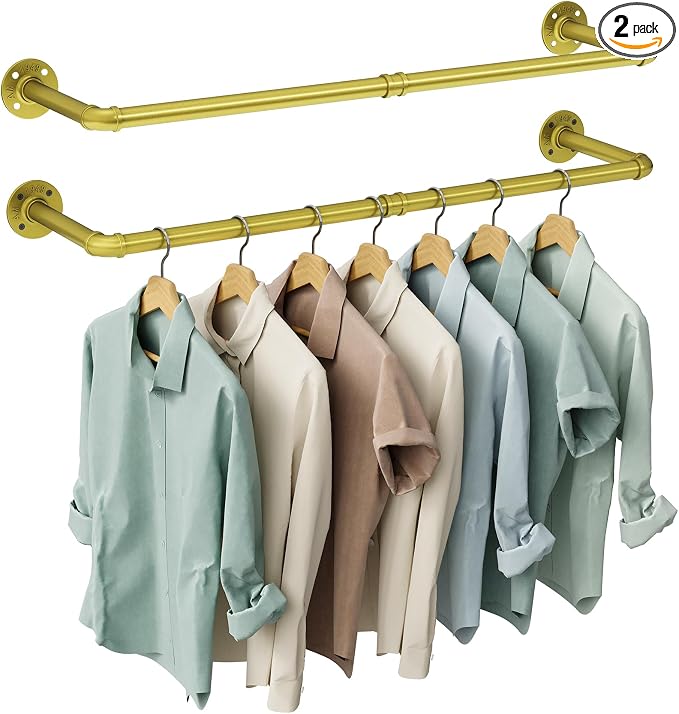 OROPY 38.4" Industrial Pipe Clothes Rack Wall Mounted, Heavy Duty, 2 Pack | Heavy Duty Iron Pipe Clothing Garment Rail, Multi-Purpose Clothing Hanging Rod for Laundry Room and Closet Storage, Gold
