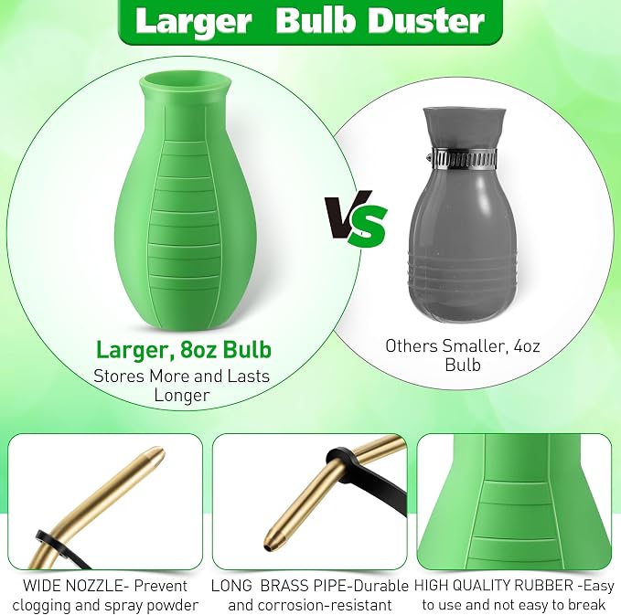 Diatomaceous Earth Powder Duster, 8OZ Garden Powder Applicator Dispenser with Long Metal Tube, Bulb Duster Sprayer for Home Organic Gardening Agricultural Supply(Green,1 Pack) | 8OZ bulb duster. Rust-resistant brass/aluminum tube. Smooth upward dischar...