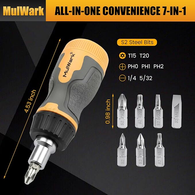 MulWark 7-in-1 Stubby Ratcheting Screwdriver, Small Screwdriver with Magnetic, Multi-bit Stubby Screw driver with S2 Steel Phillips Slotted Torx Bits in Handle, Compact Tool for Tight Spaces
