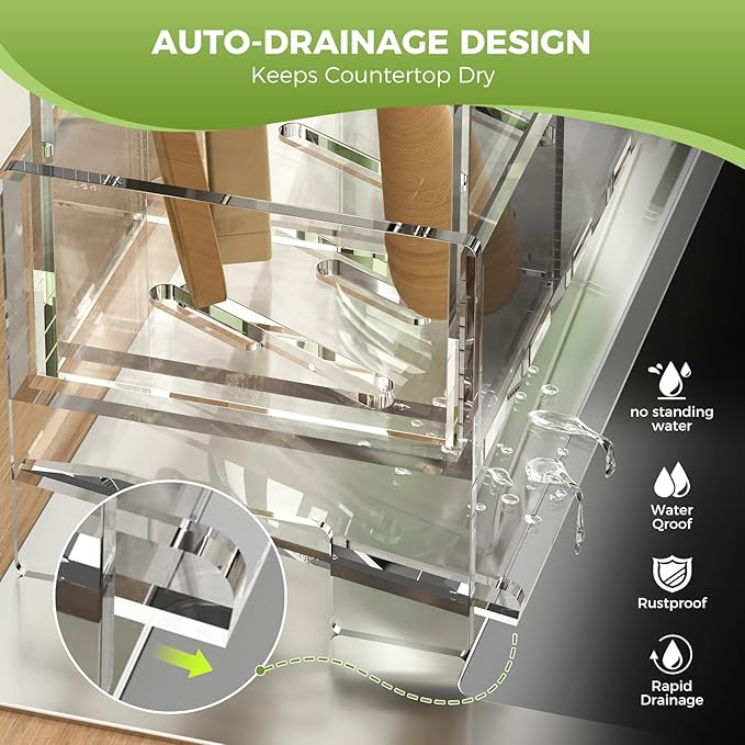 Clear Acrylic Kitchen Sink Caddy Organizer, Auto Drain Sponge Holder | Holds high brush & dish soap dispenser. Countertop storage essentials keep your sink dry, rustproof & easy to clean.