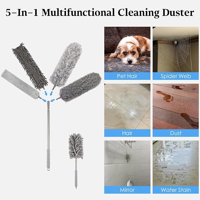 Microfiber Feather Duster Kit with Extension Pole, 7 PCS Washable Reusable Duster for Cleaning, 100'' Bendable Extendable Long Duster with Stainless Steel Pole for High Ceilings, Fans, Furniture & Car
